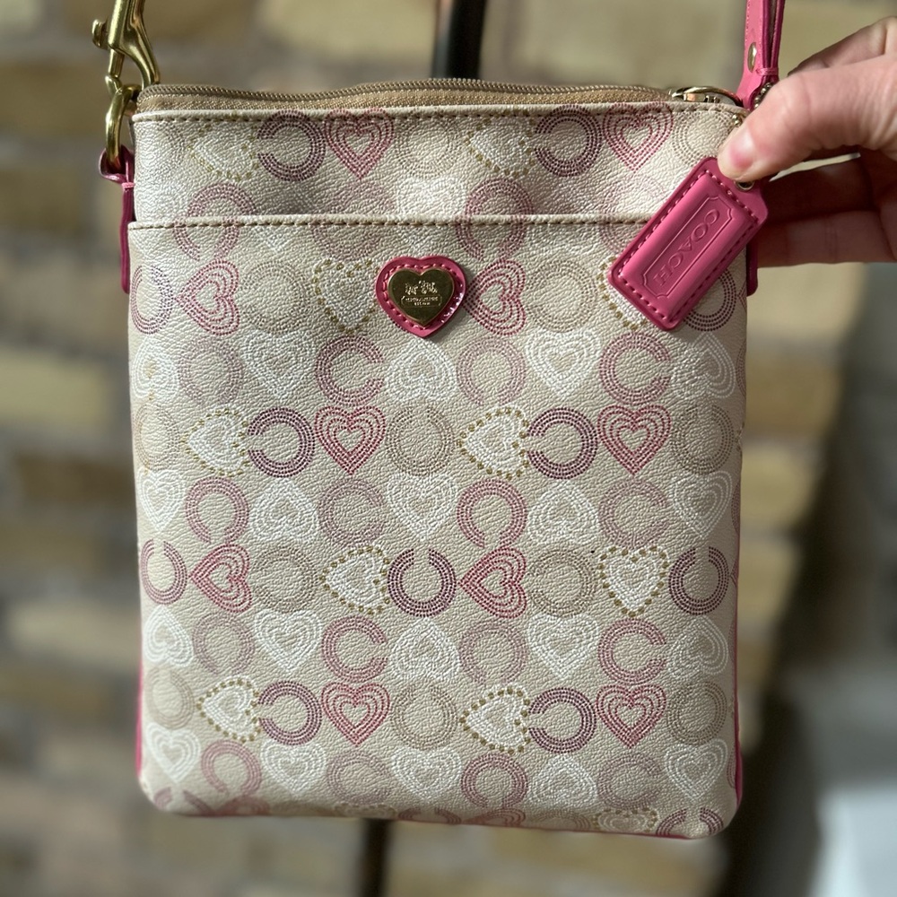 Coach Pink and Cream Crossbody Bag with Heart Pattern